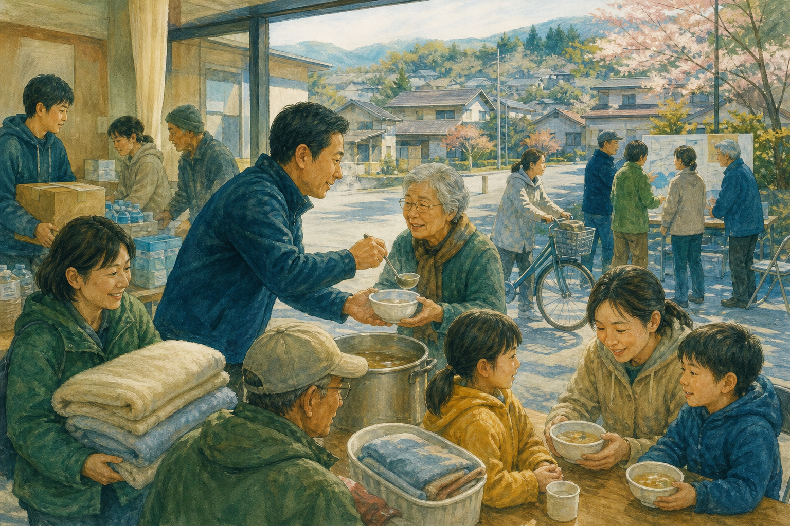 避難所で温かい食事や物資を届け、地域の人々が支え合う様子を描いた挿絵