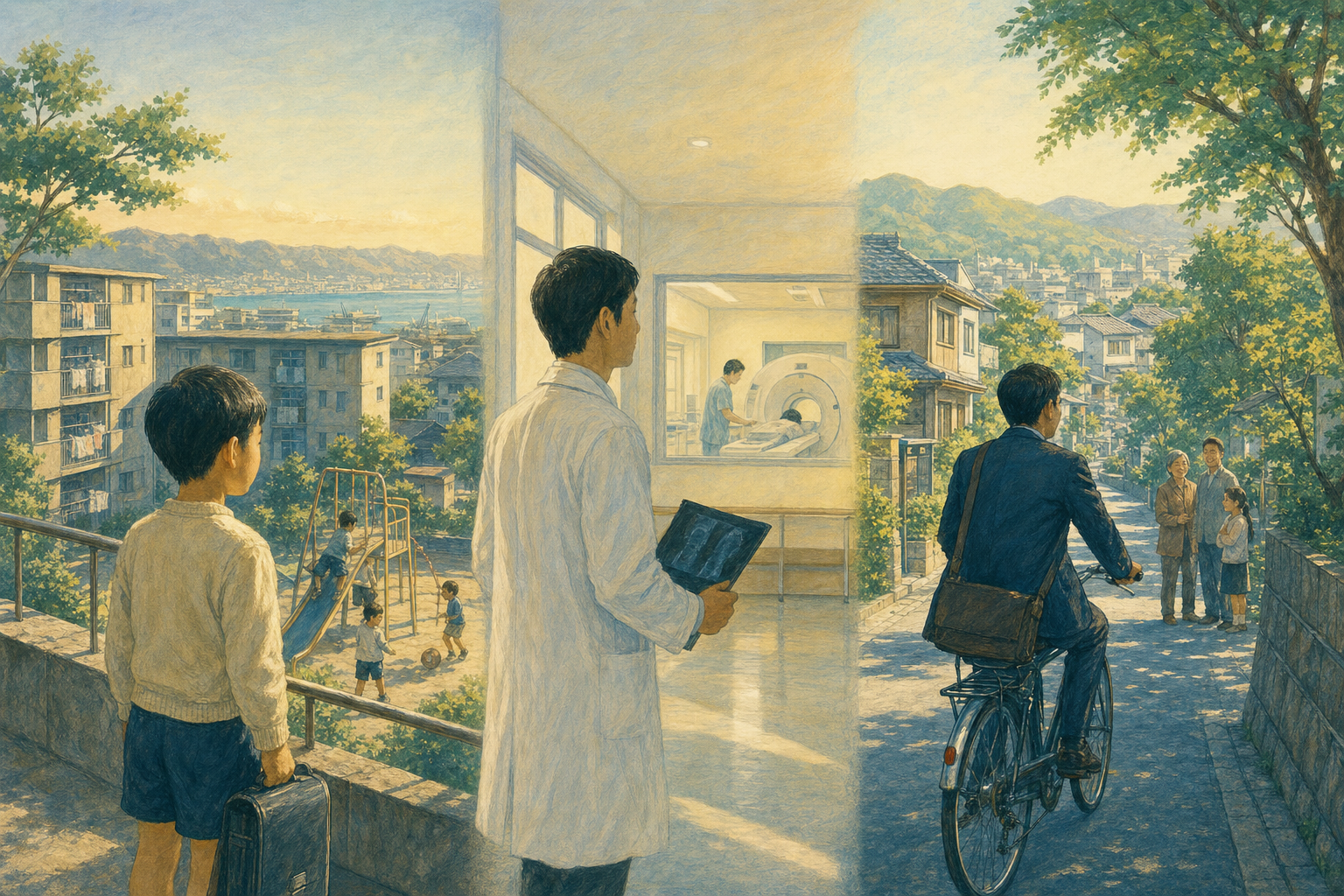 神戸での少年時代から医療現場、市議として地域を自転車で回る歩みを描いた挿絵